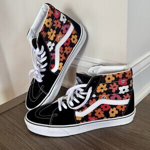Vans Sk-8 Hi Shoes Hippy Retro Flower Black Skate Sneakers Mens 11.5 NEW